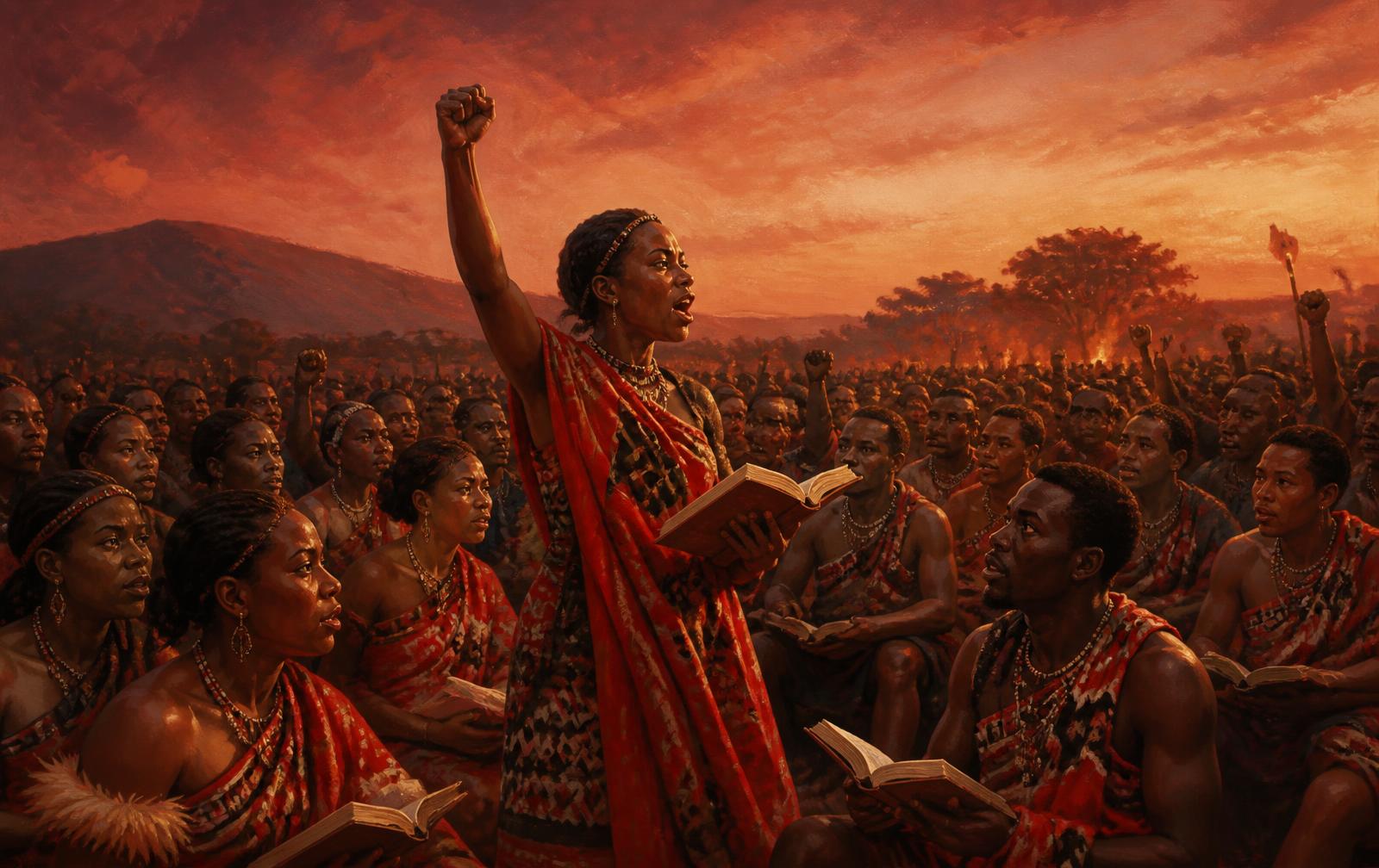 A mass gathering of Swazi people raising their hands in struggle